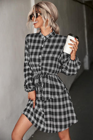 Amazing Plaid Balloon Sleeve Shirt Dress - MXSTUDIO.COM