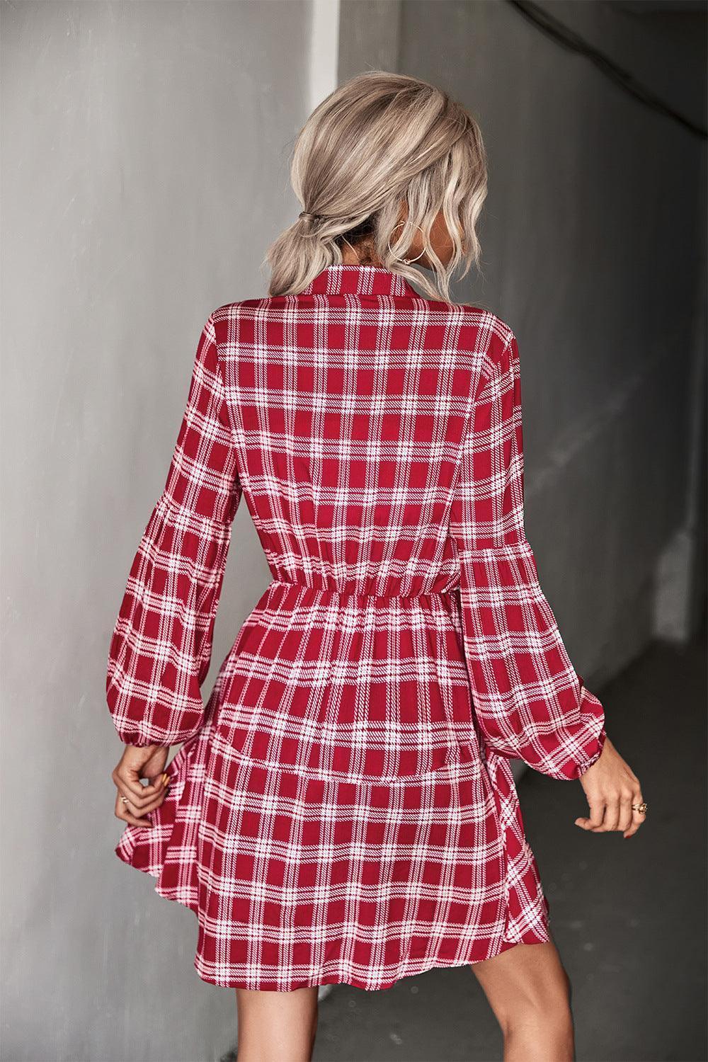 Amazing Plaid Balloon Sleeve Shirt Dress - MXSTUDIO.COM