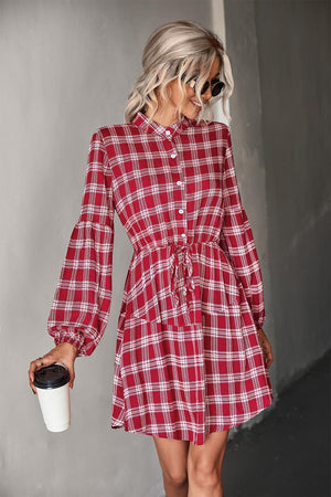 Amazing Plaid Balloon Sleeve Shirt Dress - MXSTUDIO.COM