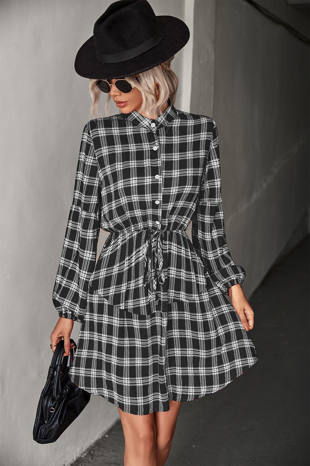 Amazing Plaid Balloon Sleeve Shirt Dress - MXSTUDIO.COM