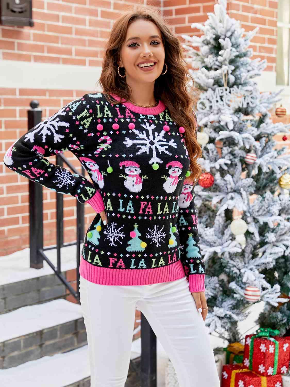 Amazing Ribbed Trim Christmas Printed Sweater-MXSTUDIO.COM