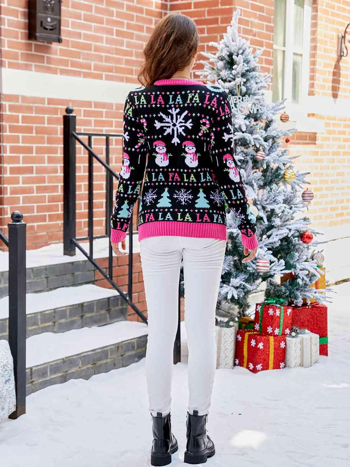 Amazing Ribbed Trim Christmas Printed Sweater-MXSTUDIO.COM