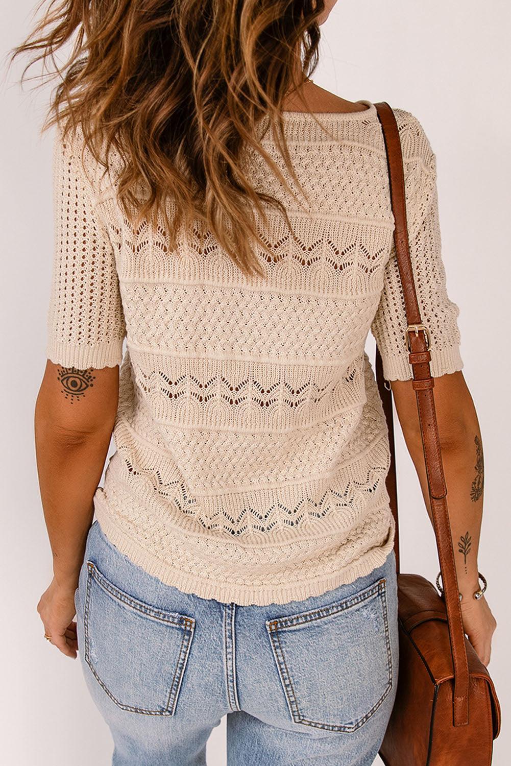 Amusing Coziness Short Sleeve Openwork Cream Knit Top - MXSTUDIO.COM