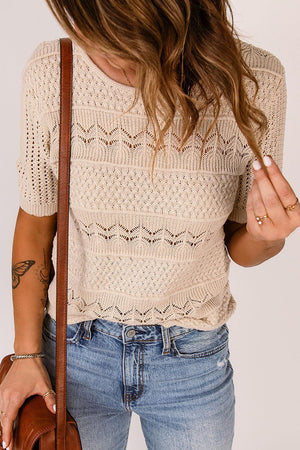 Amusing Coziness Short Sleeve Openwork Cream Knit Top - MXSTUDIO.COM