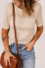 Amusing Coziness Short Sleeve Openwork Cream Knit Top - MXSTUDIO.COM