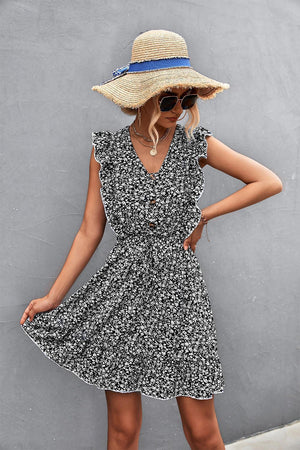 Amusing Floral V-Neck Ruffled Dress - MXSTUDIO.COM