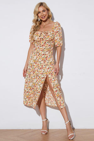 Angel In Disguise Floral Split Square Neck Midi Dress - MXSTUDIO.COM