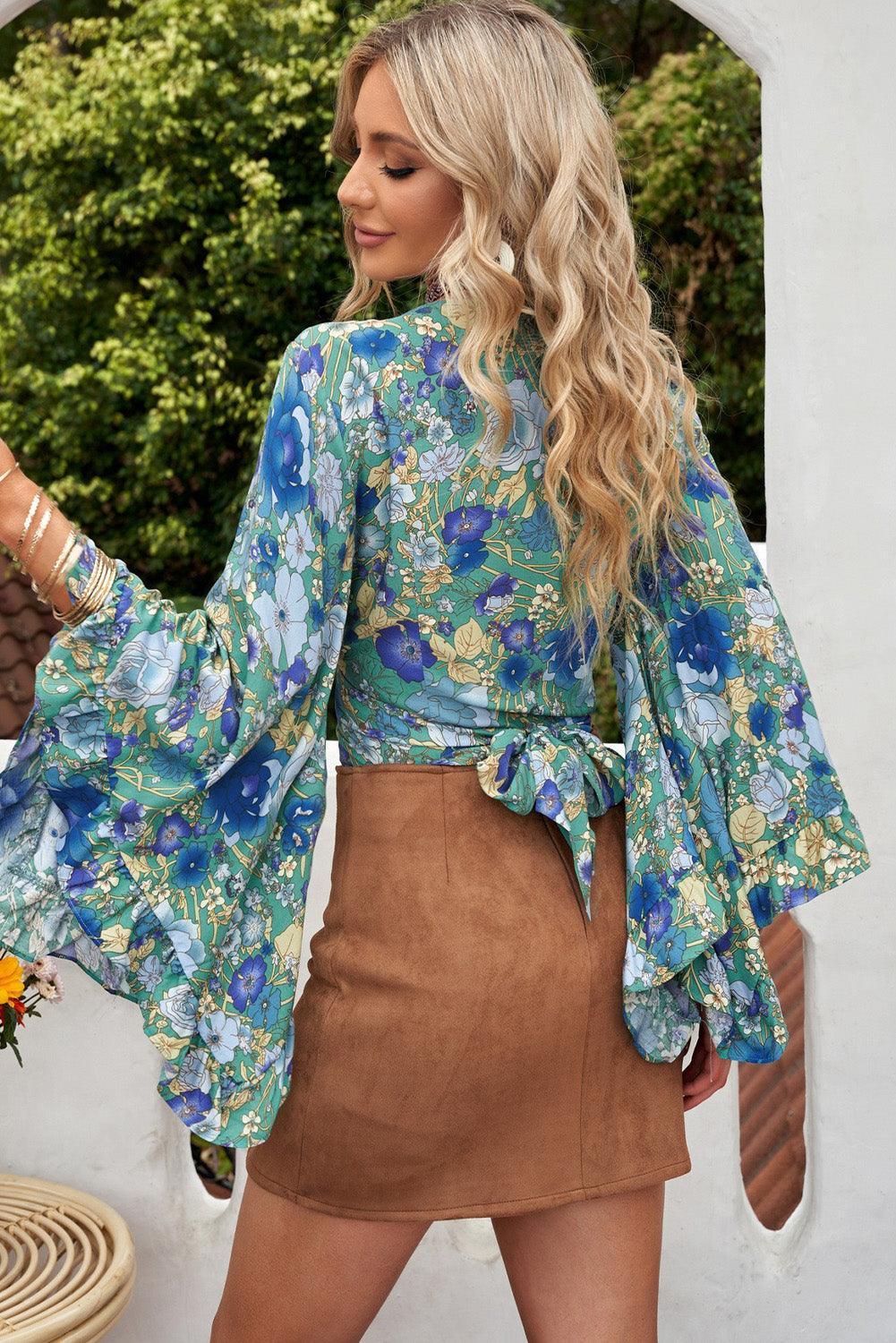 Angelic Beauty Surplice Floral Bell Sleeve Blouse - MXSTUDIO.COM