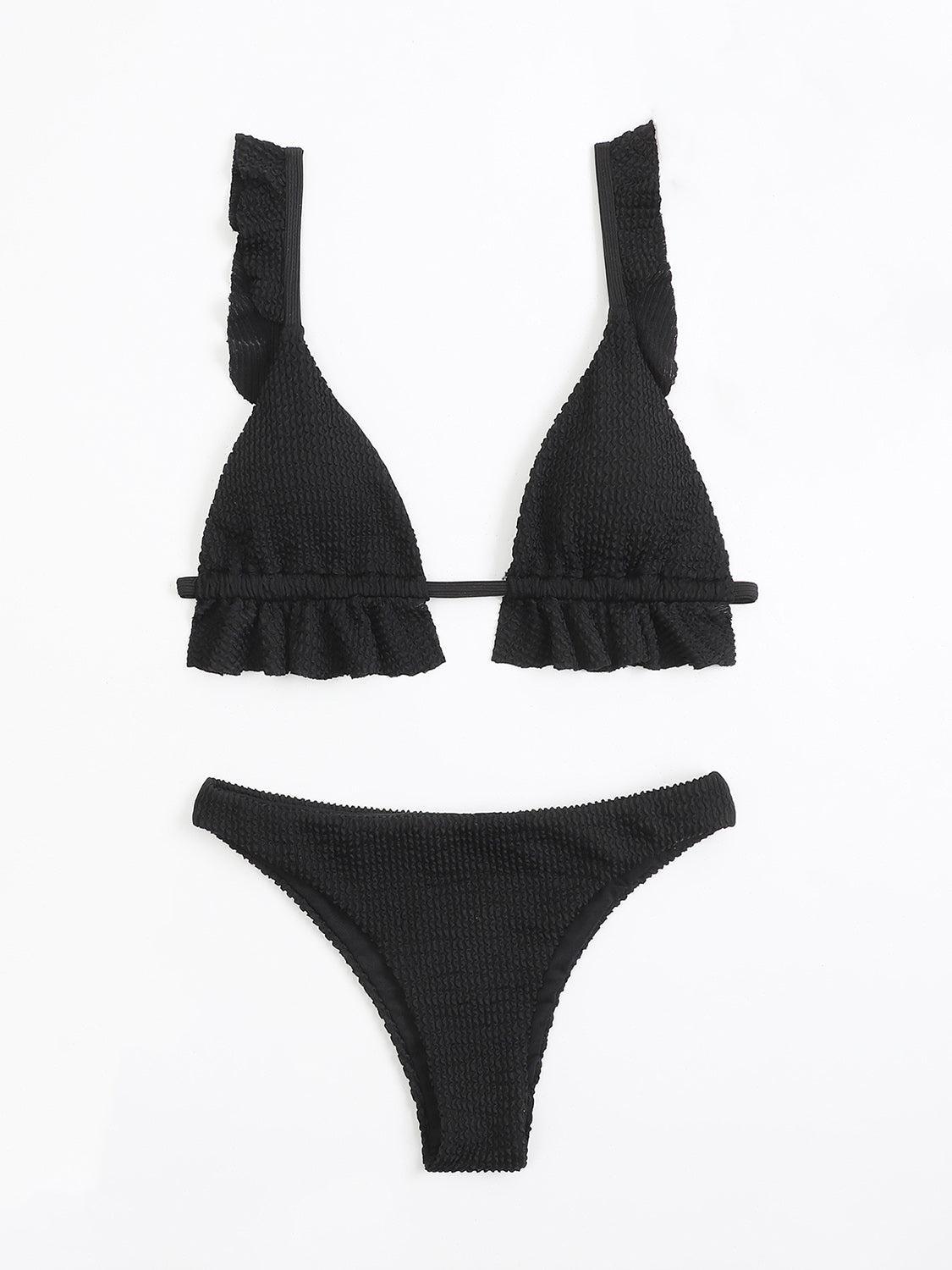 a black bikini top and bottom with ruffles