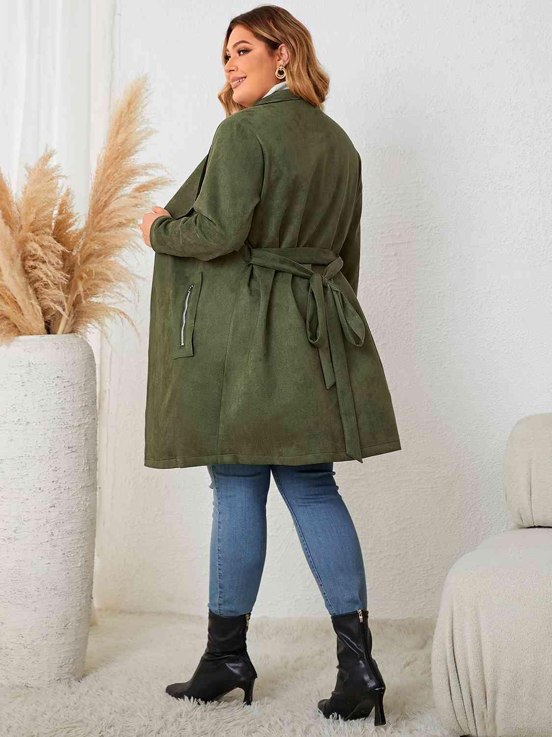Army Green Tie Back Plus Size Women's Trench Coat - MXSTUDIO.COM