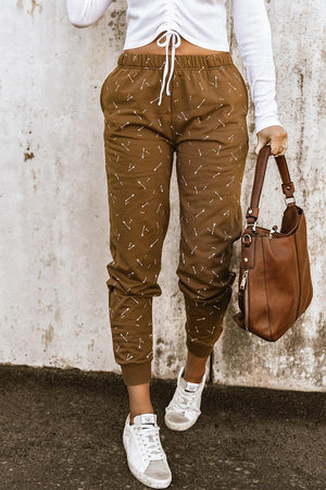 Arrow Print Elastic Waist Brown Joggers - MXSTUDIO.COM