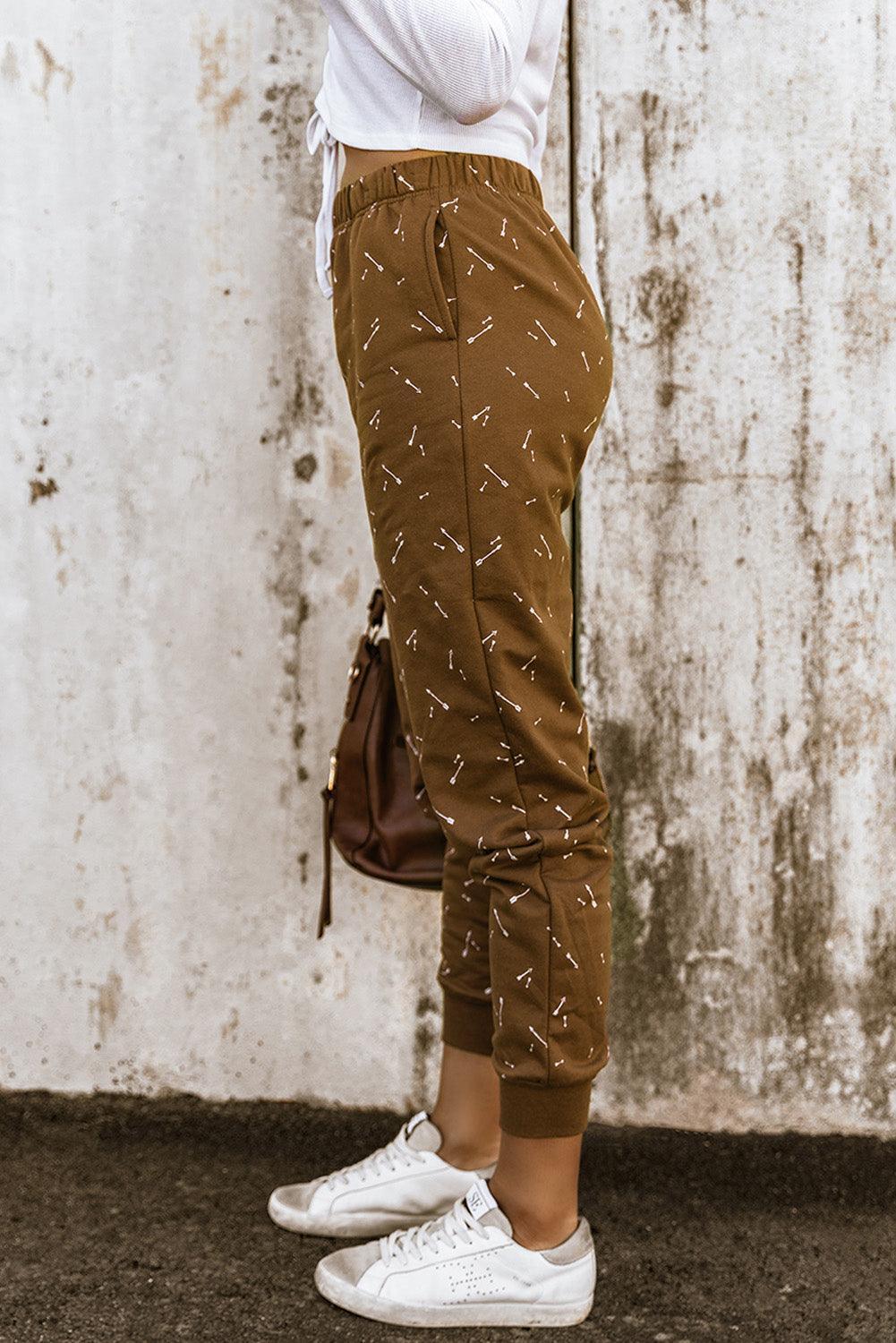 Arrow Print Elastic Waist Brown Joggers - MXSTUDIO.COM