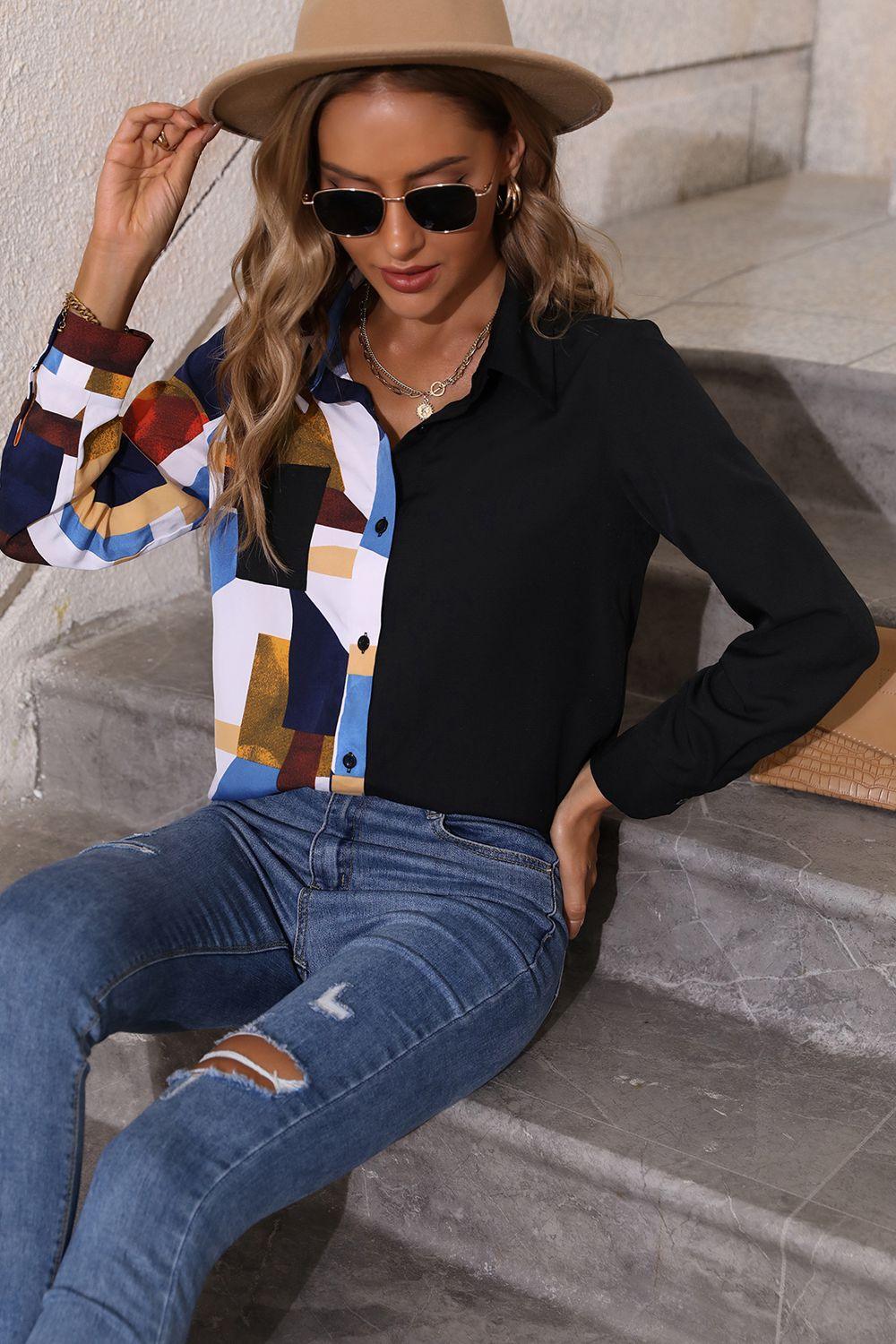 Artistic Contrast Long Sleeve Collared Shirt - MXSTUDIO.COM