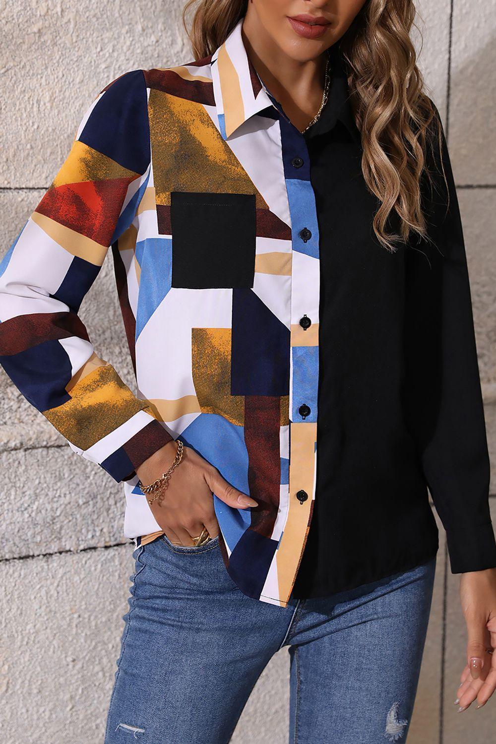 Artistic Contrast Long Sleeve Collared Shirt - MXSTUDIO.COM