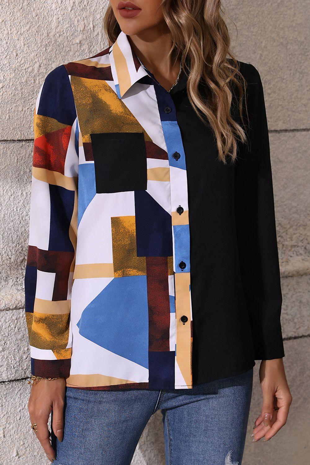 Artistic Contrast Long Sleeve Collared Shirt - MXSTUDIO.COM