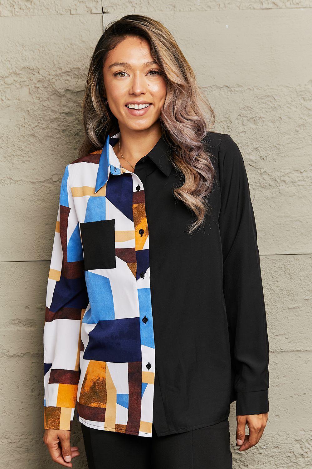 Artistic Contrast Long Sleeve Collared Shirt - MXSTUDIO.COM