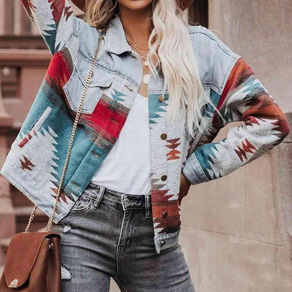 Artsy Button Down Printed Denim Shacket - MXSTUDIO.COM