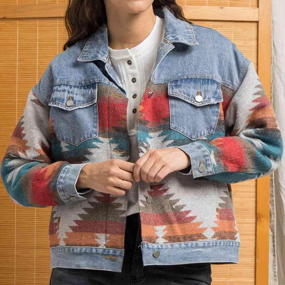 Artsy Button Down Printed Denim Shacket - MXSTUDIO.COM