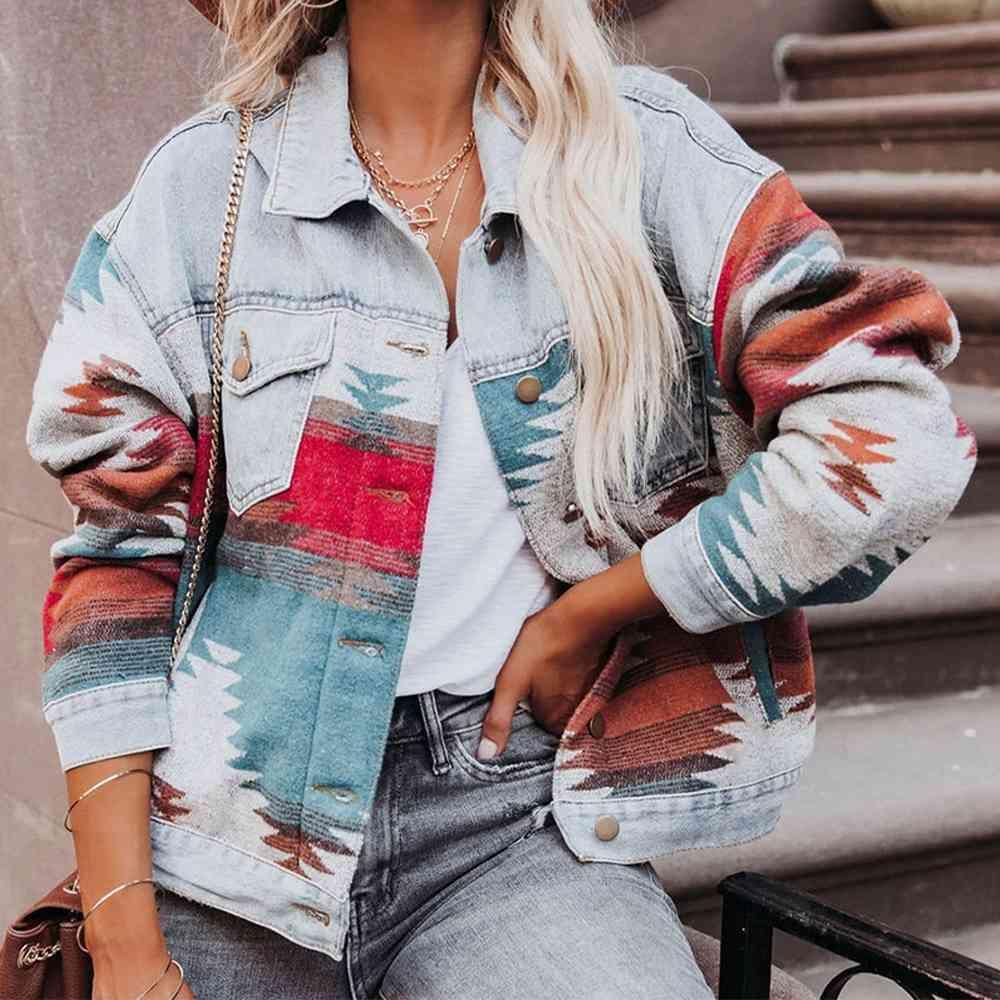 Artsy Button Down Printed Denim Shacket - MXSTUDIO.COM