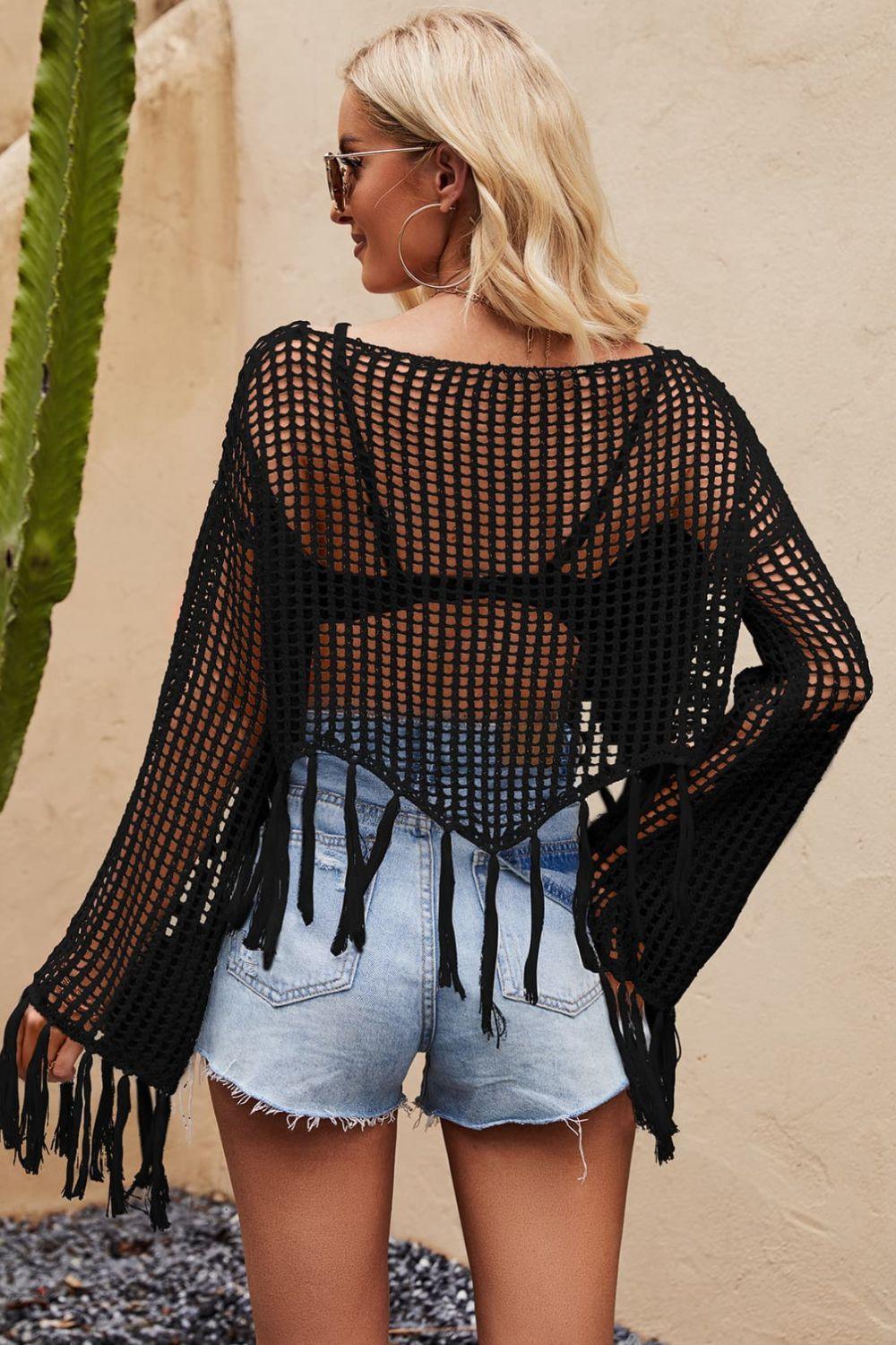 Aspire Openwork Long Sleeve Tassel Beach Cover-Up - MXSTUDIO.COM