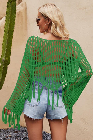 Aspire Openwork Long Sleeve Tassel Beach Cover-Up - MXSTUDIO.COM