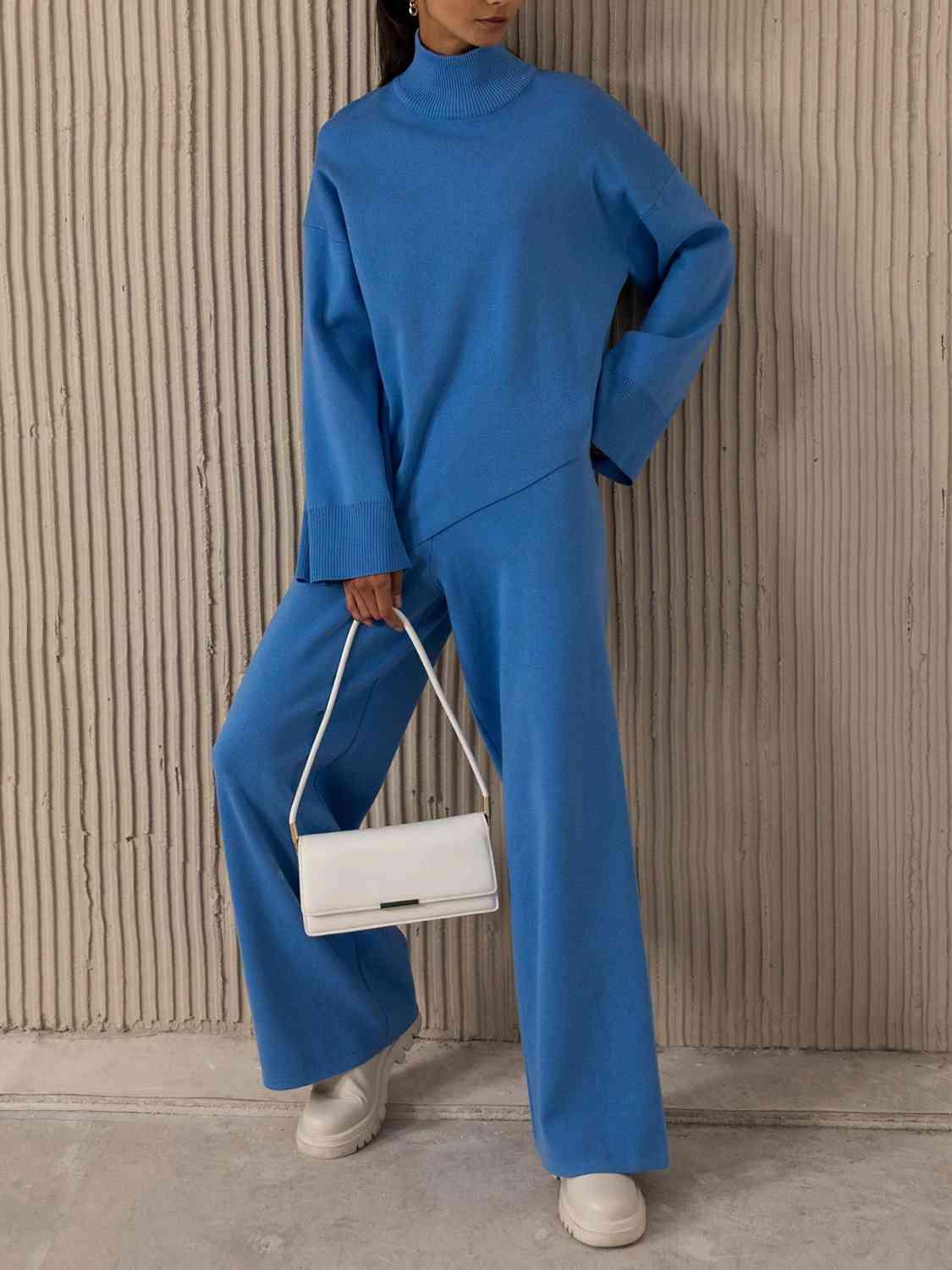 Asymmetrical Hem Knit Sweater and Pants Set-MXSTUDIO.COM