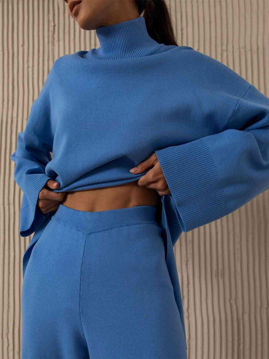 Asymmetrical Hem Knit Sweater and Pants Set-MXSTUDIO.COM