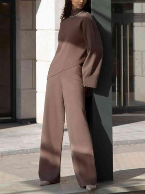 Asymmetrical Hem Knit Sweater and Pants Set-MXSTUDIO.COM