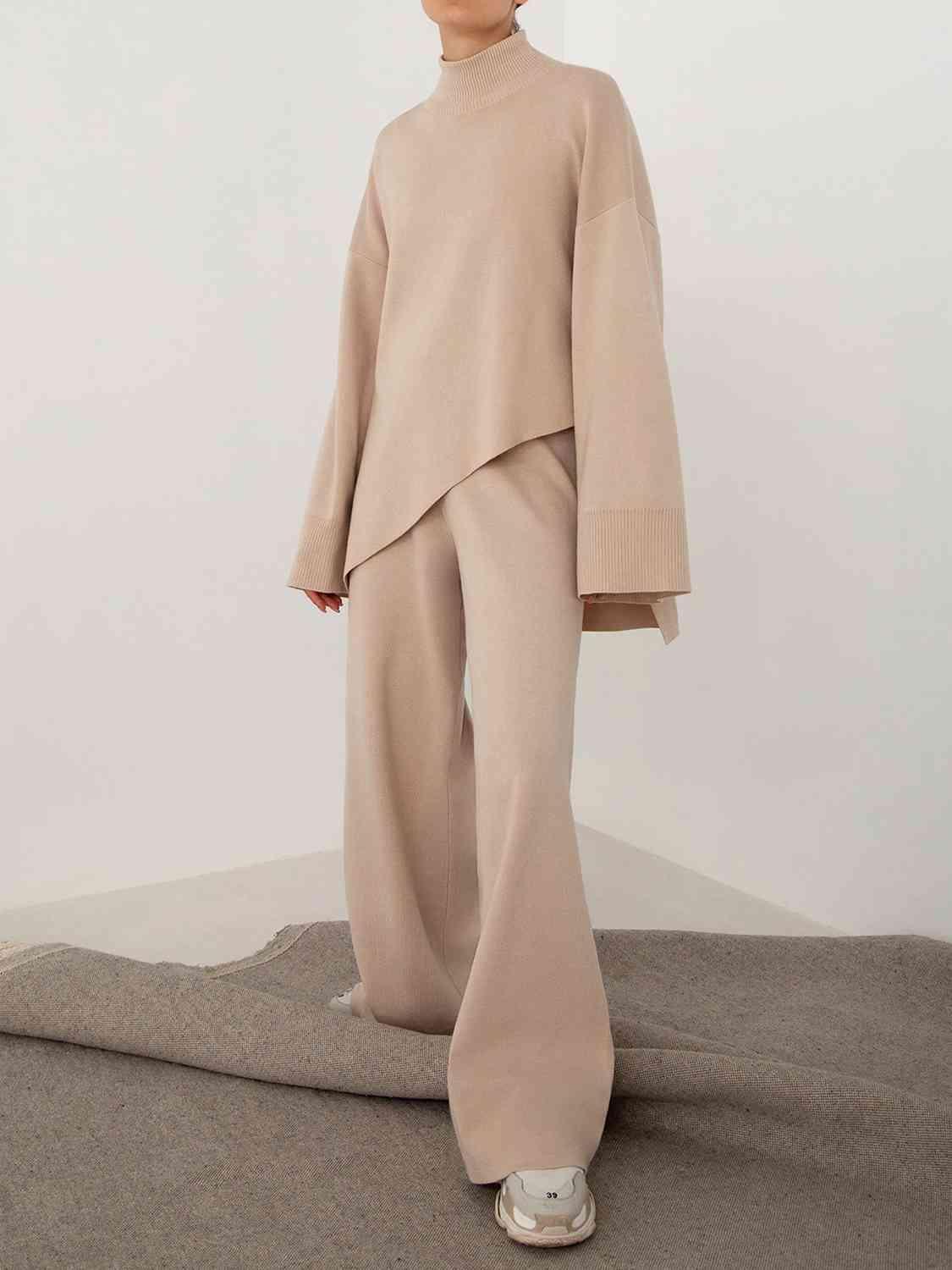 Asymmetrical Hem Knit Sweater and Pants Set-MXSTUDIO.COM