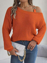 Asymmetrical Neck Knit Balloon Sleeve Sweater-MXSTUDIO.COM