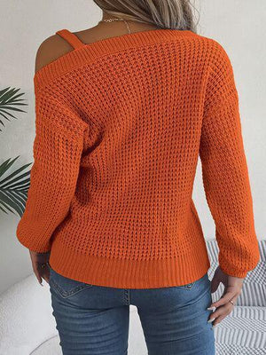 Asymmetrical Neck Knit Balloon Sleeve Sweater-MXSTUDIO.COM