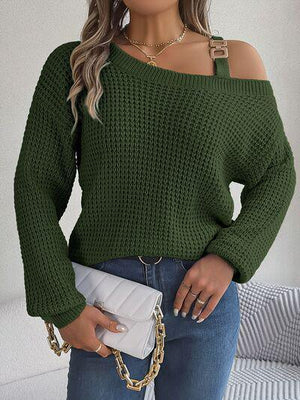 Asymmetrical Neck Knit Balloon Sleeve Sweater-MXSTUDIO.COM