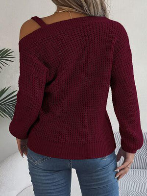 Asymmetrical Neck Knit Balloon Sleeve Sweater-MXSTUDIO.COM