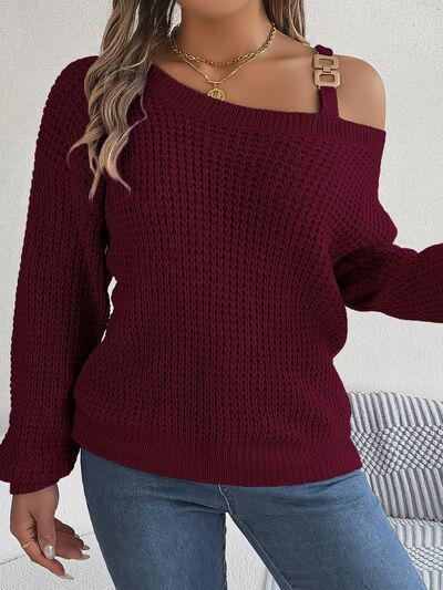 Asymmetrical Neck Knit Balloon Sleeve Sweater-MXSTUDIO.COM