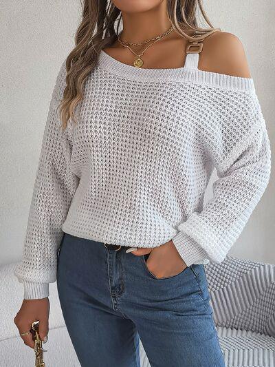 Asymmetrical Neck Knit Balloon Sleeve Sweater-MXSTUDIO.COM