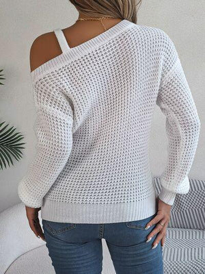 Asymmetrical Neck Knit Balloon Sleeve Sweater-MXSTUDIO.COM