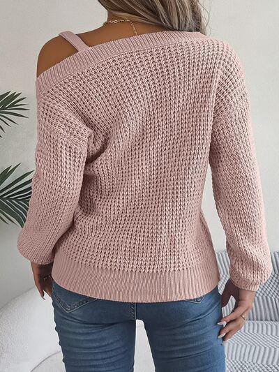 Asymmetrical Neck Knit Balloon Sleeve Sweater-MXSTUDIO.COM