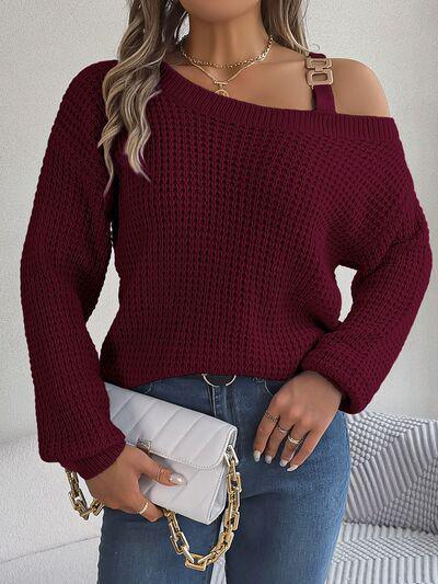 Asymmetrical Neck Knit Balloon Sleeve Sweater-MXSTUDIO.COM