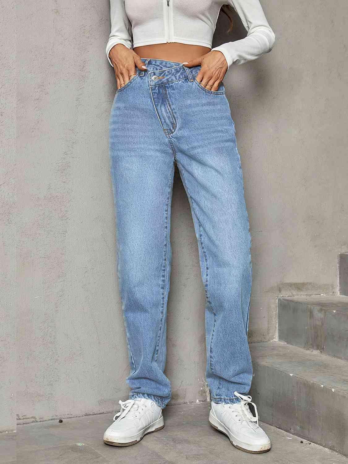 Asymmetrical Zip Fly High Waist Straight Leg Jeans - MXSTUDIO.COM