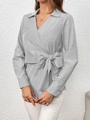 At Her Finest Bow Tie Waist Long Sleeve Blouse - MXSTUDIO.COM