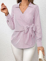 At Her Finest Bow Tie Waist Long Sleeve Blouse - MXSTUDIO.COM