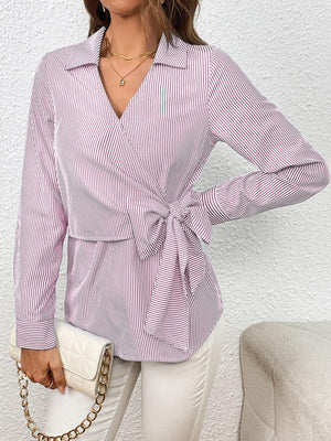 At Her Finest Bow Tie Waist Long Sleeve Blouse - MXSTUDIO.COM