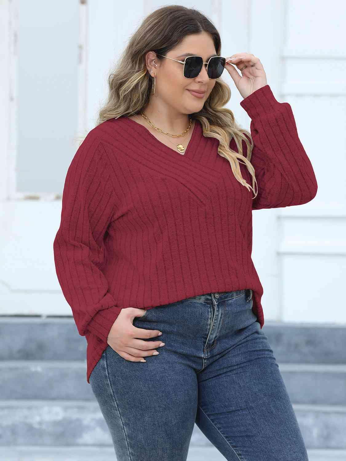 Attentively Ribbed Plus Size Long Sleeve Top - MXSTUDIO.COM