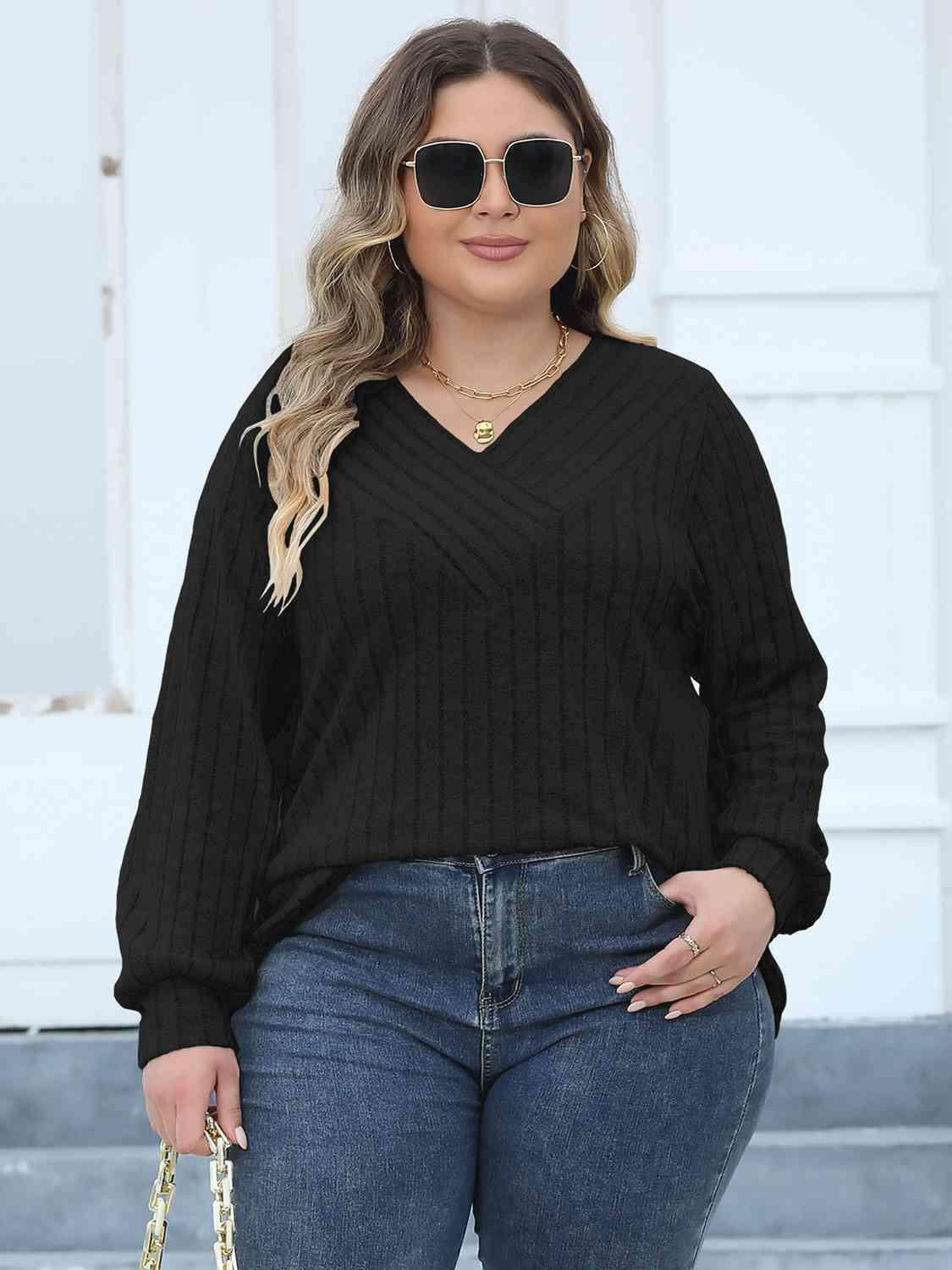 Attentively Ribbed Plus Size Long Sleeve Top - MXSTUDIO.COM