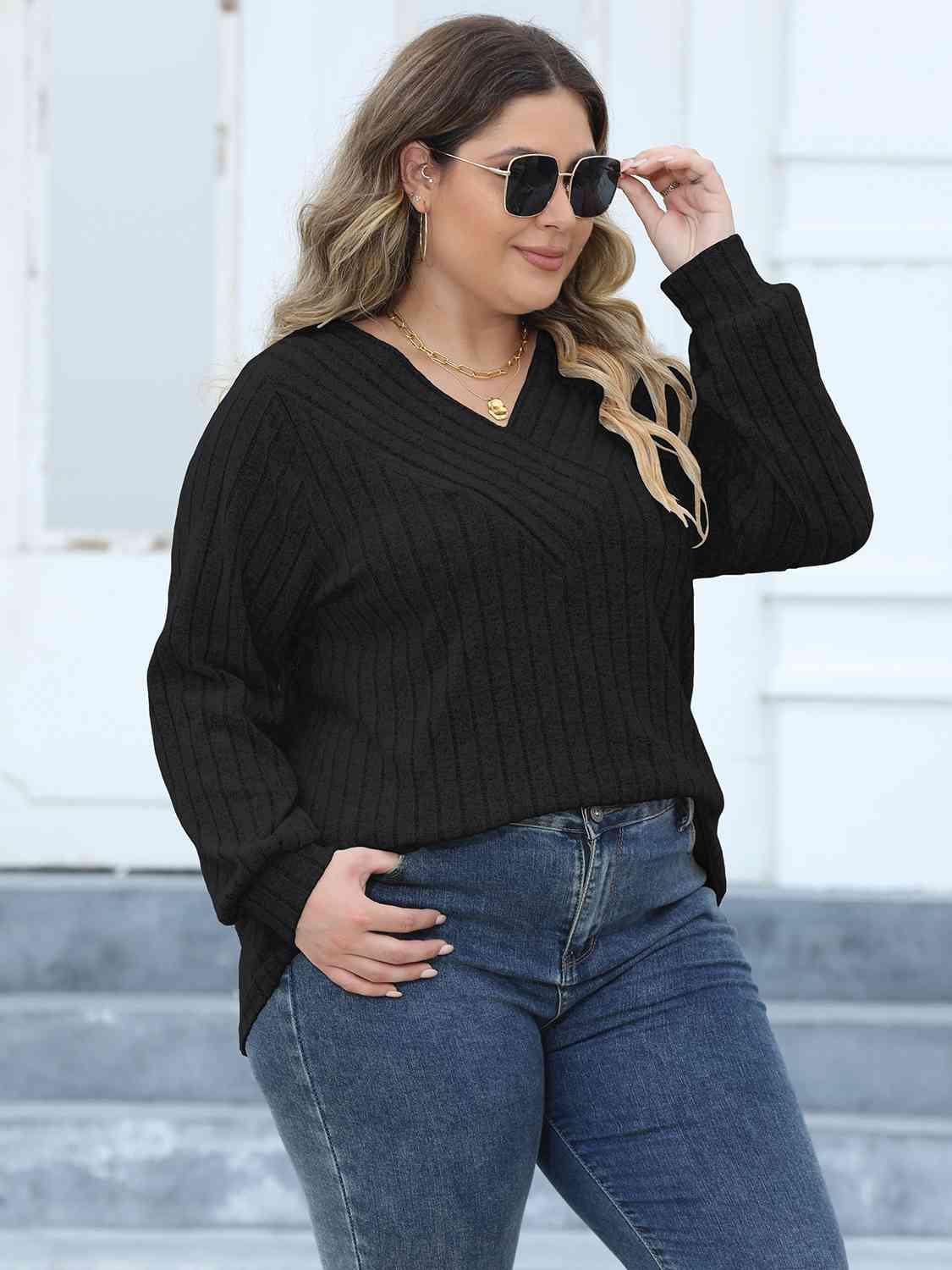 Attentively Ribbed Plus Size Long Sleeve Top - MXSTUDIO.COM