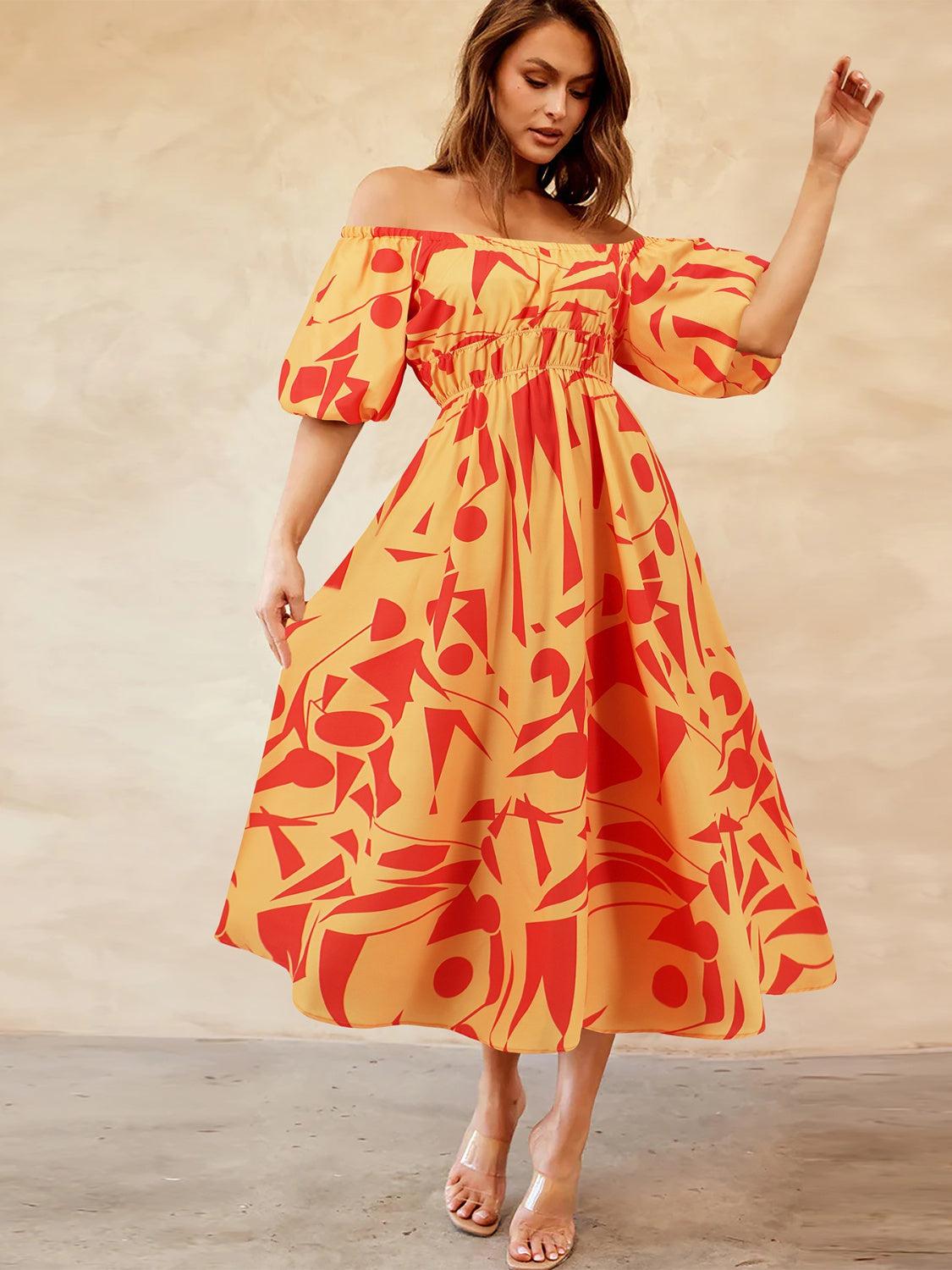 a woman in a yellow and red dress