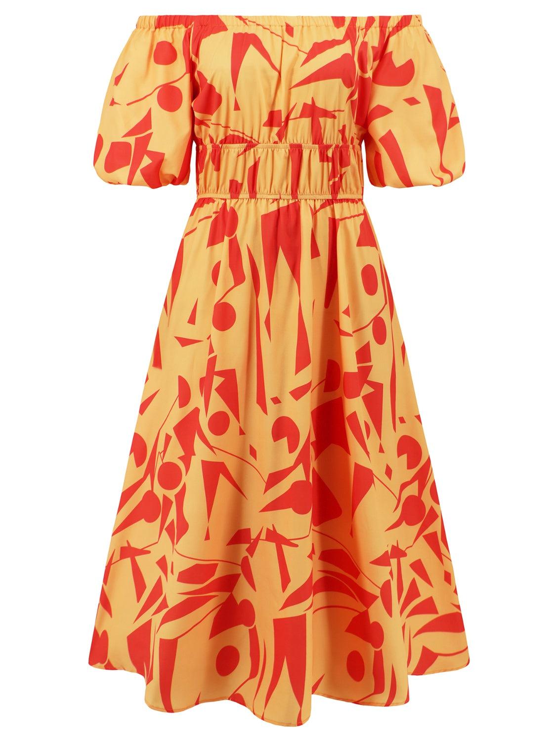 a yellow and red dress with a pattern on it