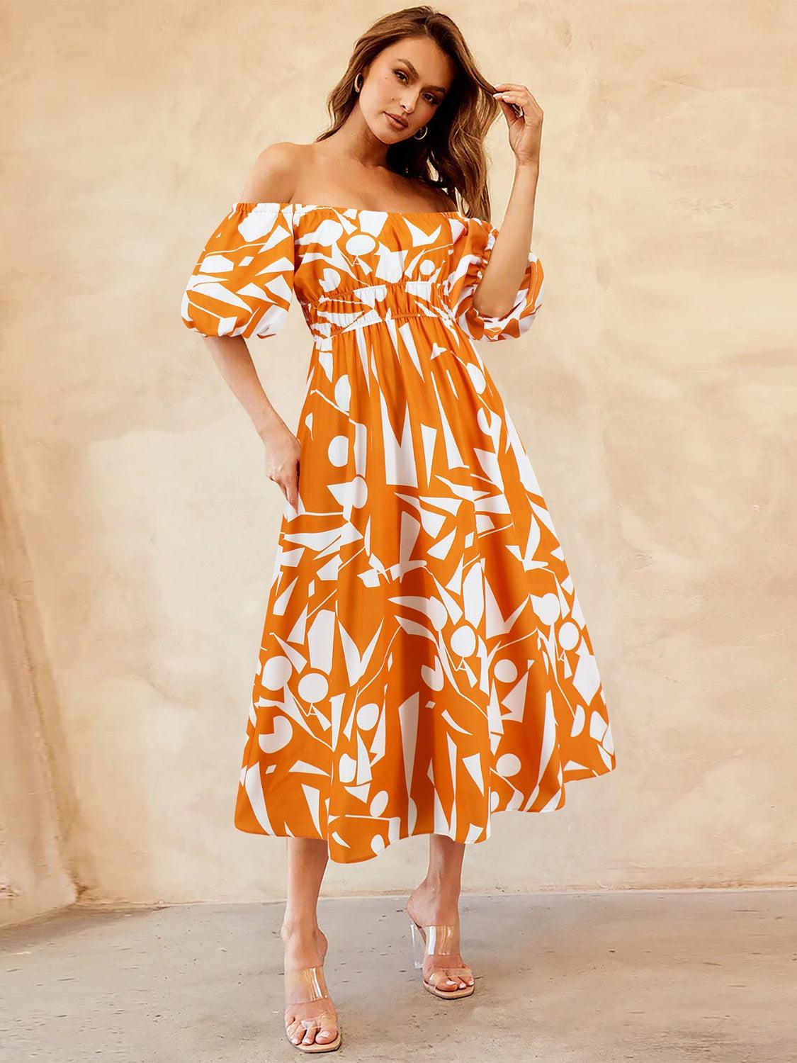 a woman in an orange and white dress