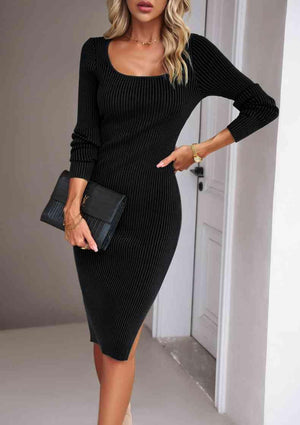 Attractively Cozy Rib-Knit Square Neck Sweater Dress-MXSTUDIO.COM
