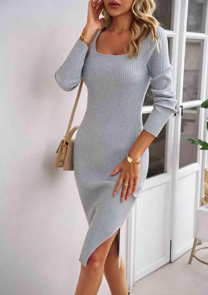 Attractively Cozy Rib-Knit Square Neck Sweater Dress-MXSTUDIO.COM